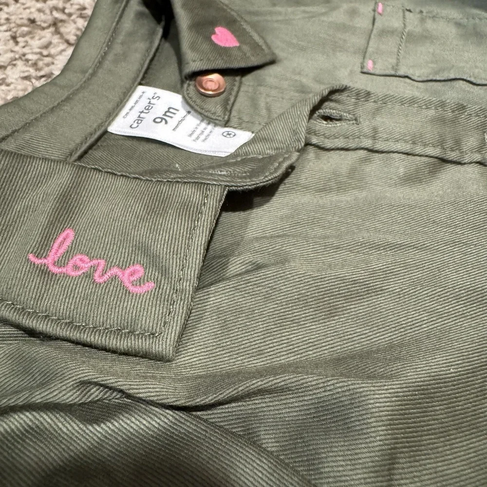 Carters Dark Green Olive Long Sleeve Baby Dress 9 Months Embroidered Holiday NEW